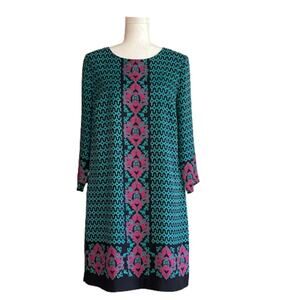 Crown & Ivy Dress Shift 3/4 Sleeve Geo Elephant Print Navy Turquoise Pink Size 8
